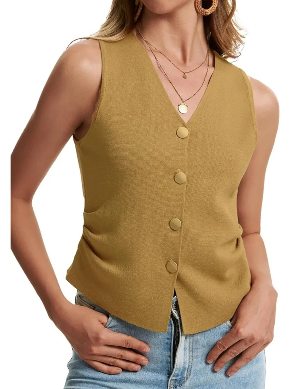 Women's Khaki Sleeveless Button Up Knit Imported Casual Sweater Vest Tank Tops